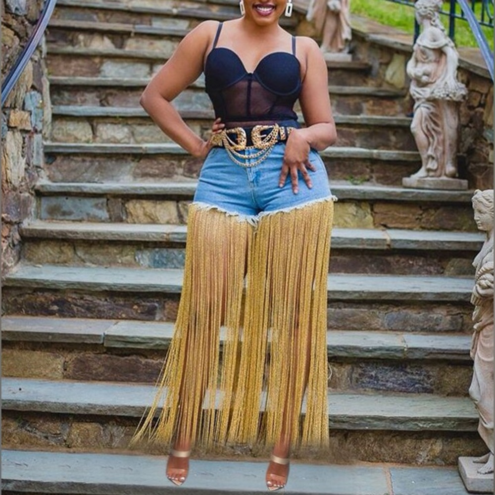Stylish Black and Gold Fringe Denim Shorts